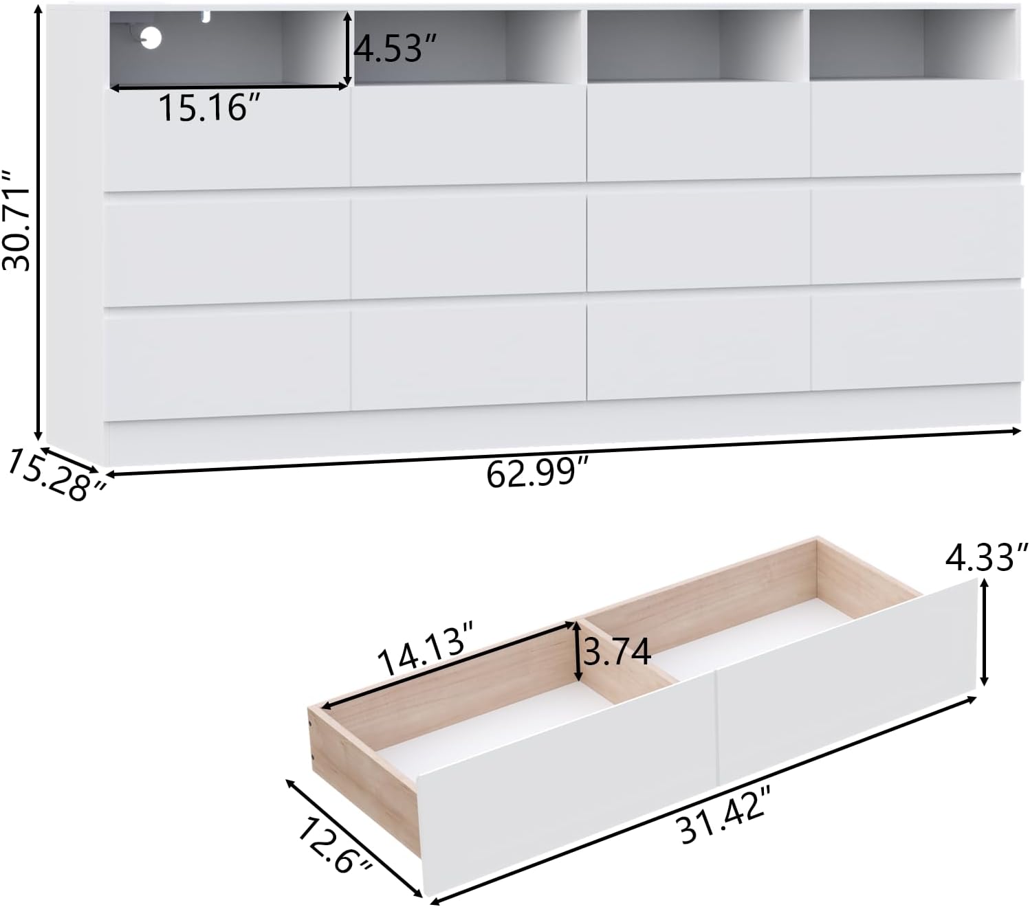 63" Wide 6-Drawer White Dresser with Divided Compartments, Charging Station & LED Lights, TV Stand for TVs up to 75", Large Organizer with 4 Open Cubbies