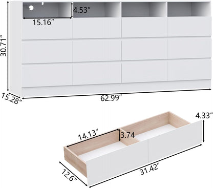 63" Wide 6-Drawer White Dresser with Divided Compartments, Charging Station & LED Lights, TV Stand for TVs up to 75", Large Organizer with 4 Open Cubbies