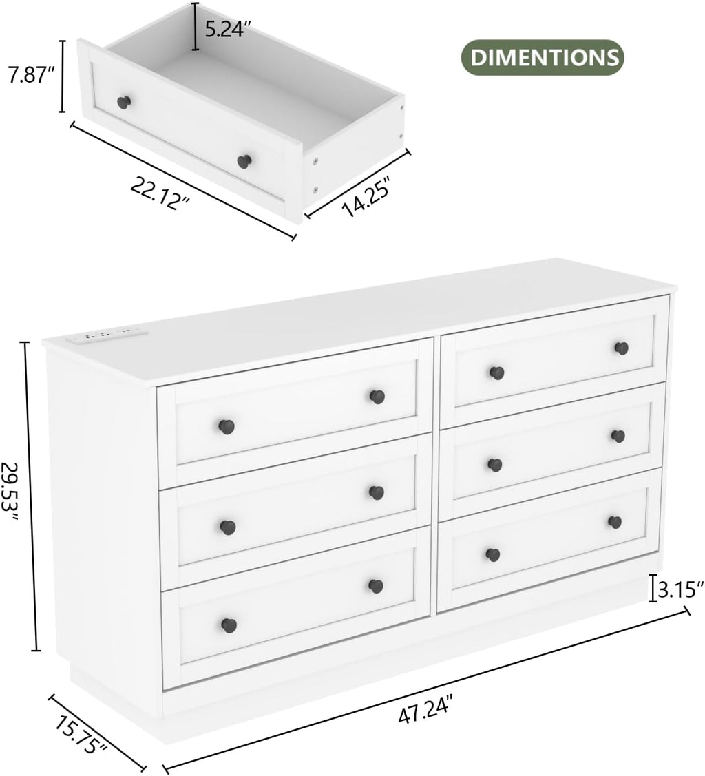 6 Drawer Dresser with Power Outlet and LED Light, Modern Floating Storage Dresser for Bedroom, Living Room