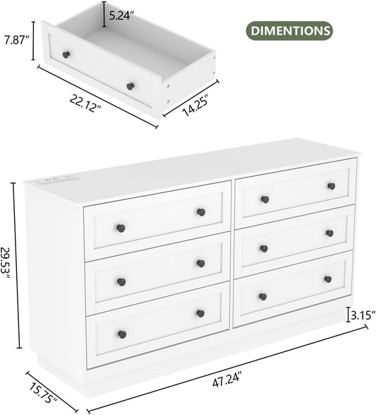 6 Drawer Dresser with Power Outlet and LED Light, Modern Floating Storage Dresser for Bedroom, Living Room