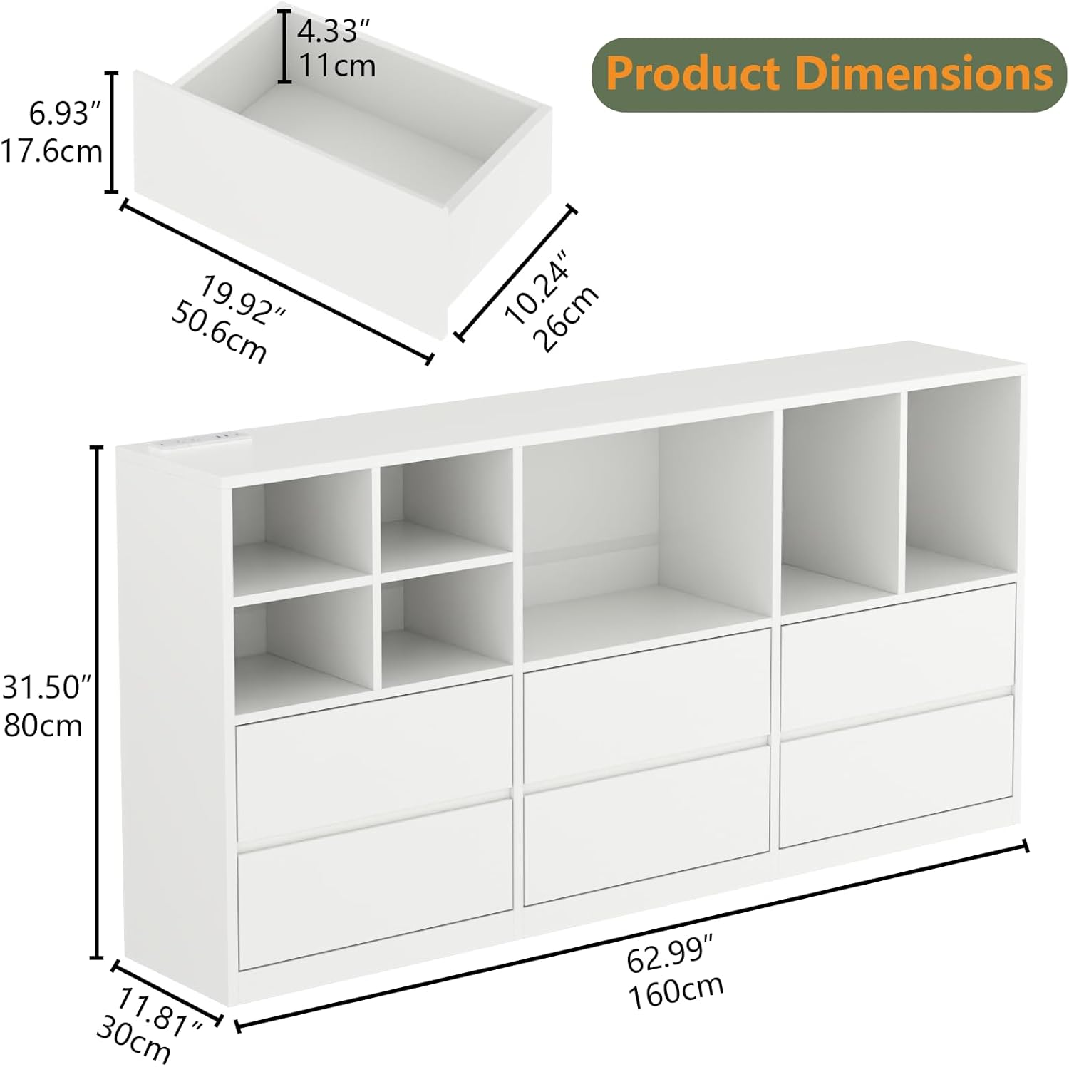 6 Drawers Dresser with 7 Storage Cubbies, LED Chest of Drawers with Power Outlet, 63" Triple Wide Long Dresser Organizer for Bedroom, Modern TV Stand with Open Shelf for Living Room, Entryway (White)