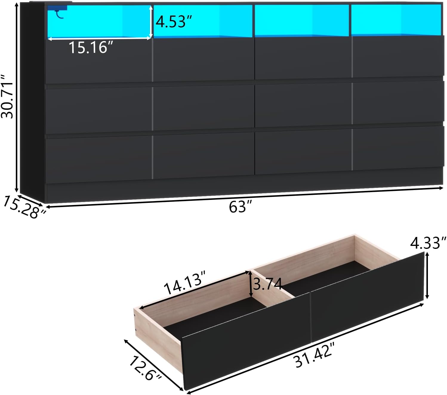 63" Wide 6-Drawer Black Dresser with Divided Compartments, Charging Station & LED Lights, TV Stand for TVs up to 75", Large Organizer with 4 Open Cubbies
