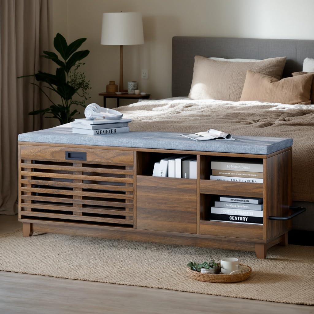 2-Tier Shoe Storage Bench,47" Entryway Bench with 2 Flip Drawers & Padded Seat Cushion, Walnut Shoe Bench with Adjustable Shelves & Sliding Doors,Storage Bench for Entryway,Hallway,Bedroom