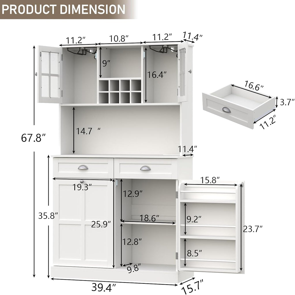 Kitchen Pantry Cabinet with Trash Can Storage, White Kitchen Hutch with Power Outlet & LED Light, Tall Bar Cabinet with Drawers & Wine Rack & Microwave Stand, Modern Pantries for Home (White)