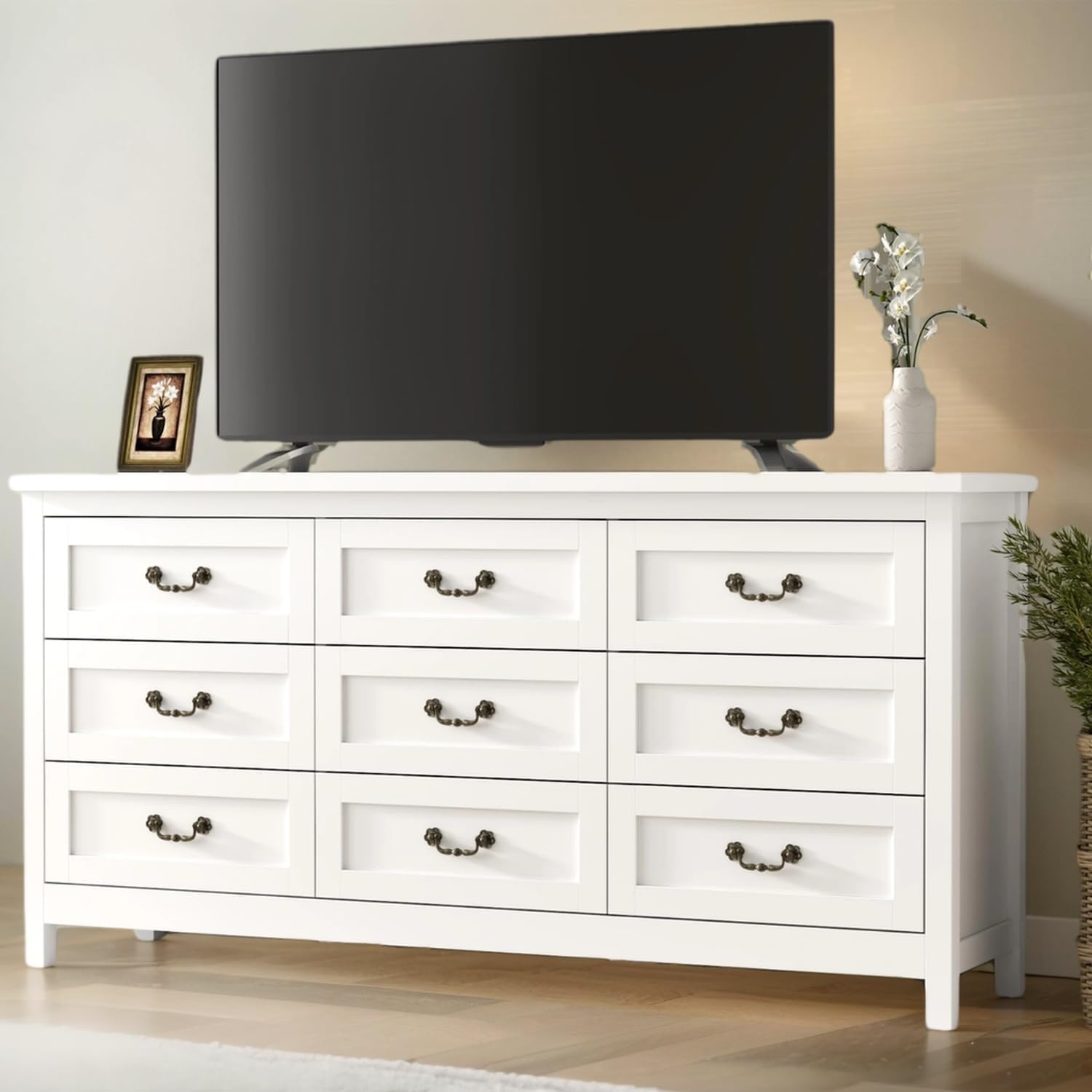 Farmhouse 9 Drawer Dresser for Bedroom, 63" Wide Long Chest of Drawers with Deep Drawers & Vintage Handle, Storage Dresser Organizer, TV Stand for Bedroom, Living Room (White)