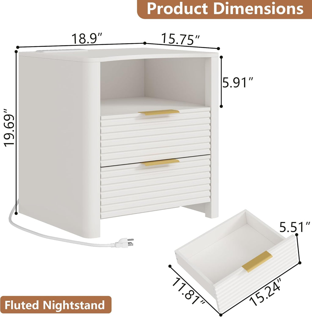 Fluted Night Stand with Charging Station, White Nightstand with LED Lights, Modern Bedside Table with 2 Large Drawers, End Table with Open Storage Shelf, Night Stands for Bedroom, Living Room