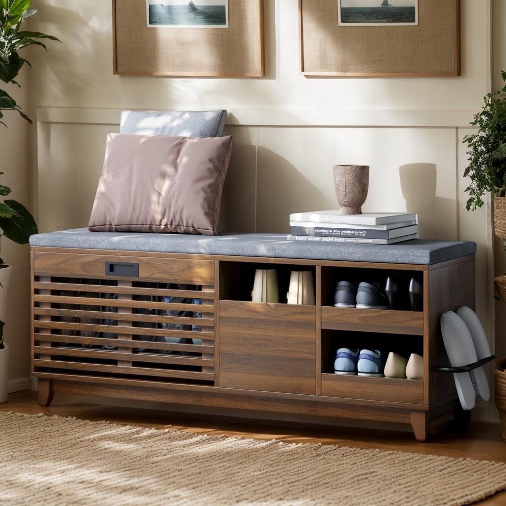 2-Tier Shoe Storage Bench,47" Entryway Bench with 2 Flip Drawers & Padded Seat Cushion, Walnut Shoe Bench with Adjustable Shelves & Sliding Doors,Storage Bench for Entryway,Hallway,Bedroom
