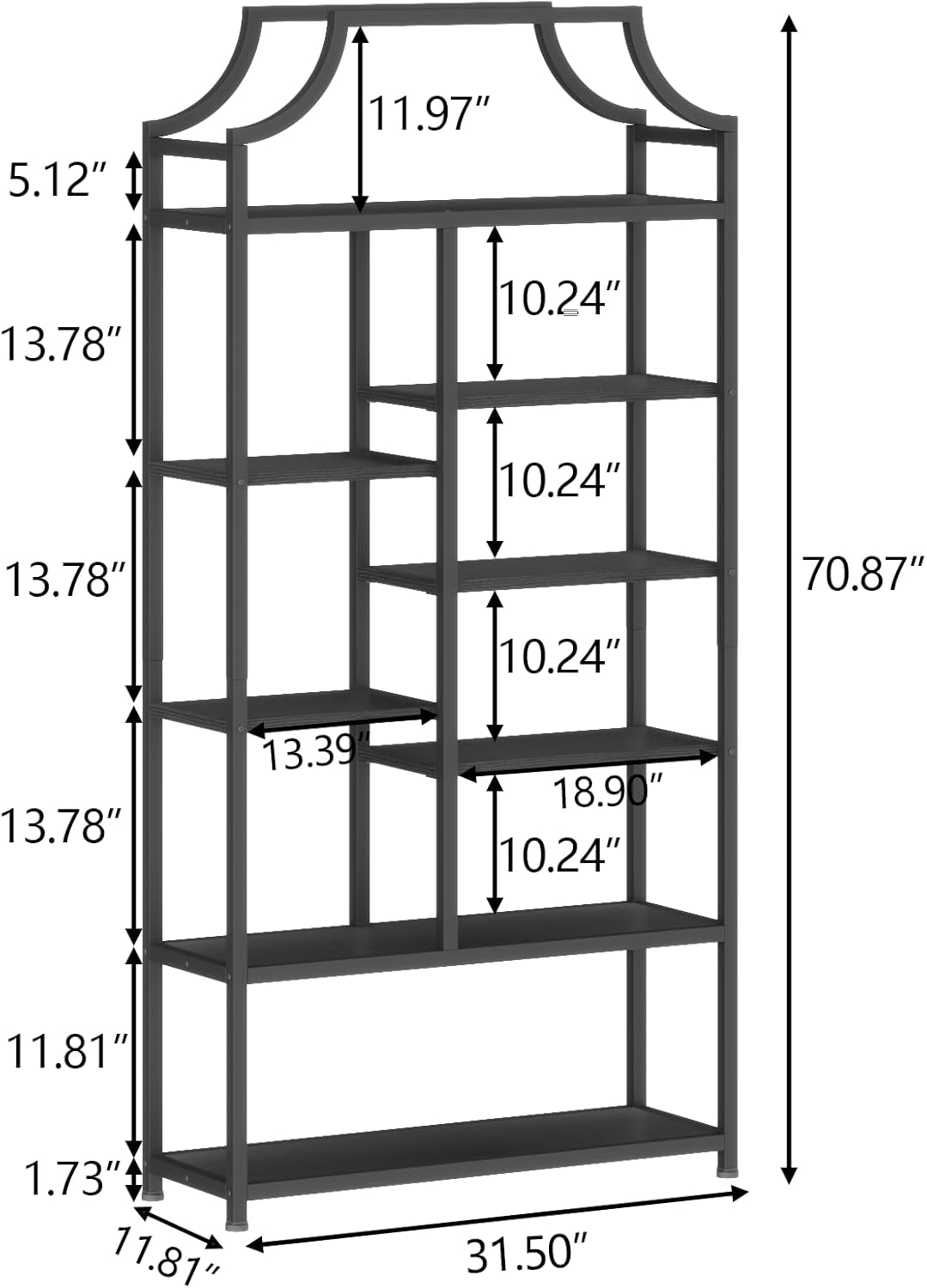 8-Tier Open Shelf Bookcase, 70.87"H x 31.5"L Lux Etagere Bookshelf, Modern Display Shelf with Black Metal Frame & Shelves,Tall Storage Display for Bedroom, Home Office & Living Room (Black)
