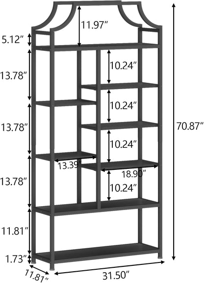 8-Tier Open Shelf Bookcase, 70.87"H x 31.5"L Lux Etagere Bookshelf, Modern Display Shelf with Black Metal Frame & Shelves,Tall Storage Display for Bedroom, Home Office & Living Room (Black)