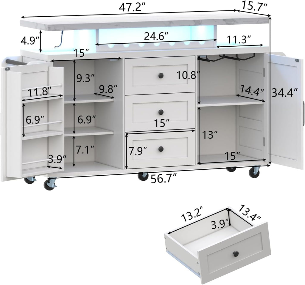 Rolling Kitchen Island Cart with Storage, Kitchen Island on Wheels with LED Lights & 3 Drawers, Side Table with Spice Rack & Towel Rack, Large Mobile Islands Table for Dining Room, White