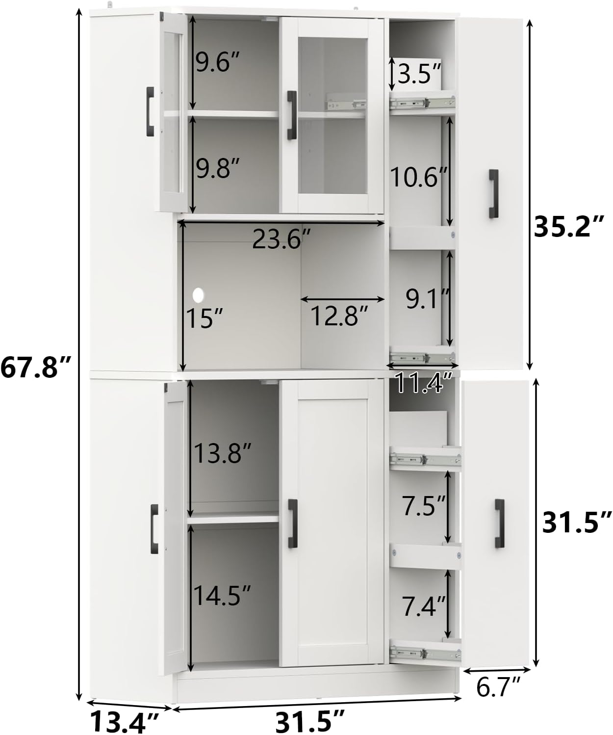 68" Tall Kitchen Pantry Cabinet with Side Drawer, Kitchen Pantry Storage Cabinet with Glass Door,Freestanding Food Hutch with Microwave Stand for Dining Room (White)