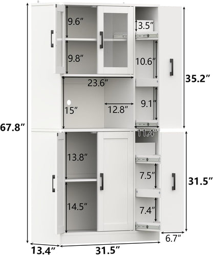 68" Tall Kitchen Pantry Cabinet with Side Drawer, Kitchen Pantry Storage Cabinet with Glass Door,Freestanding Food Hutch with Microwave Stand for Dining Room (White)