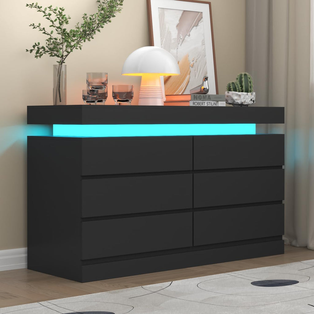 6 Drawer Dresser with Power Outlet, Dresser with LED Light, Modern Chest of Drawers for Closet, Double Wide Drawer Organizer Cabinet for Bedroom, Living Room (Black, 6 Drawers)