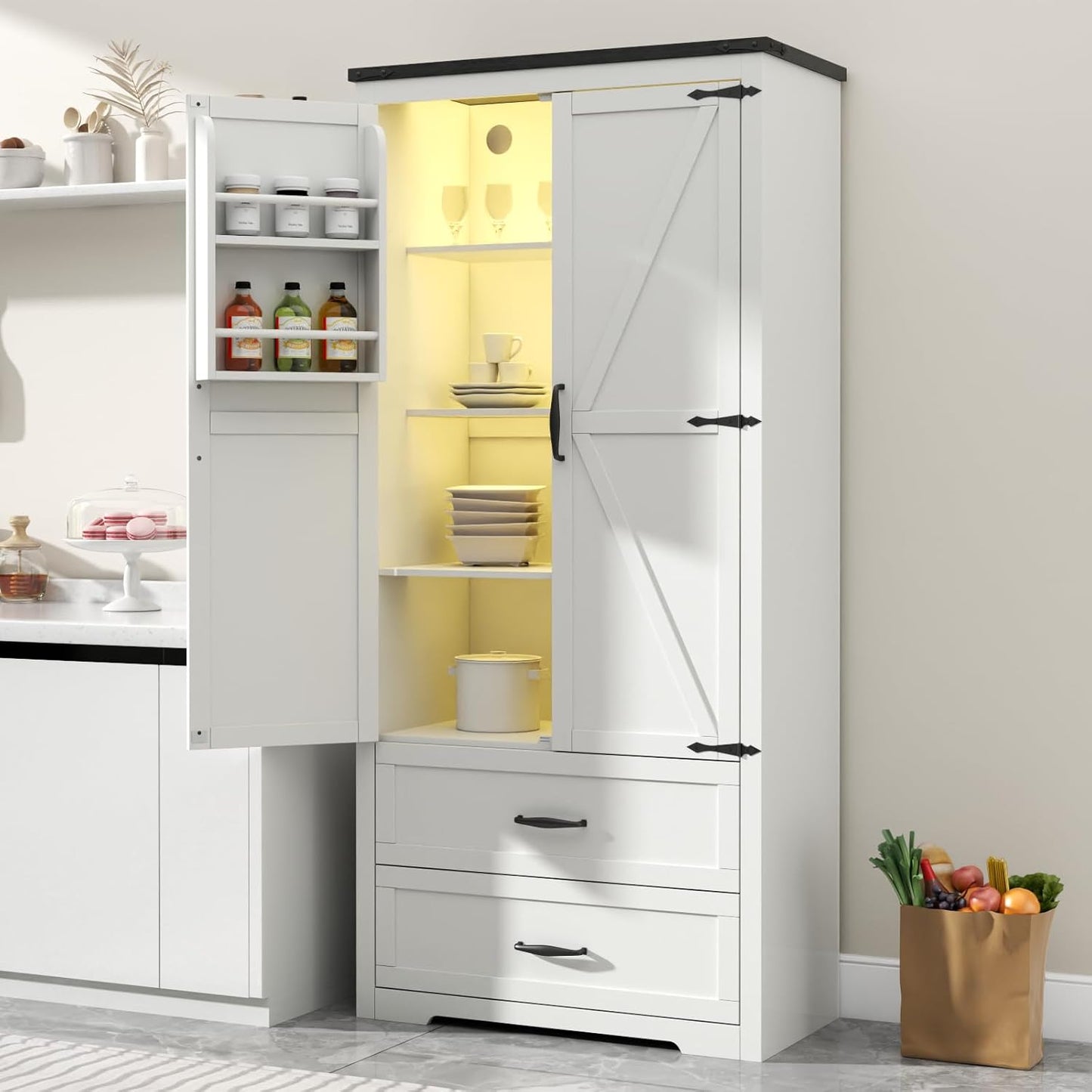 Tall Farmhouse Kitchen Cabinet with Sensor Light, Food Pantry Cabinet with 2 Large Drawers and Adjustable Shelves, Traditional Freestanding Cupboard with Doors for Kitchen (White)