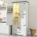 Tall Farmhouse Kitchen Cabinet with Sensor Light, Food Pantry Cabinet with 2 Large Drawers and Adjustable Shelves, Traditional Freestanding Cupboard with Doors for Kitchen (White)
