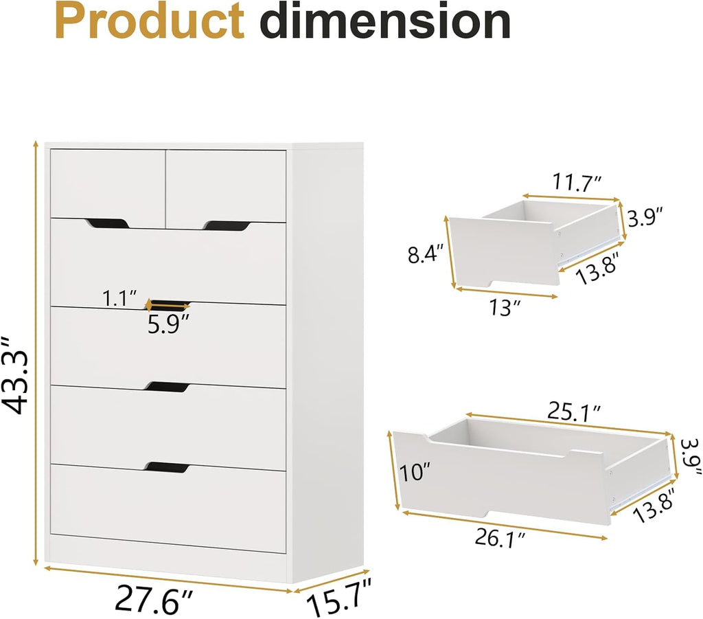 White 6 Drawer Dresser, Tall White Dresser for Bedroom, Modern Chest of Drawers for Living Room, Wooden Drawer Storage Cabinet, 5-Layer Large Capacity Clothing Organizer for Closet, Hallway