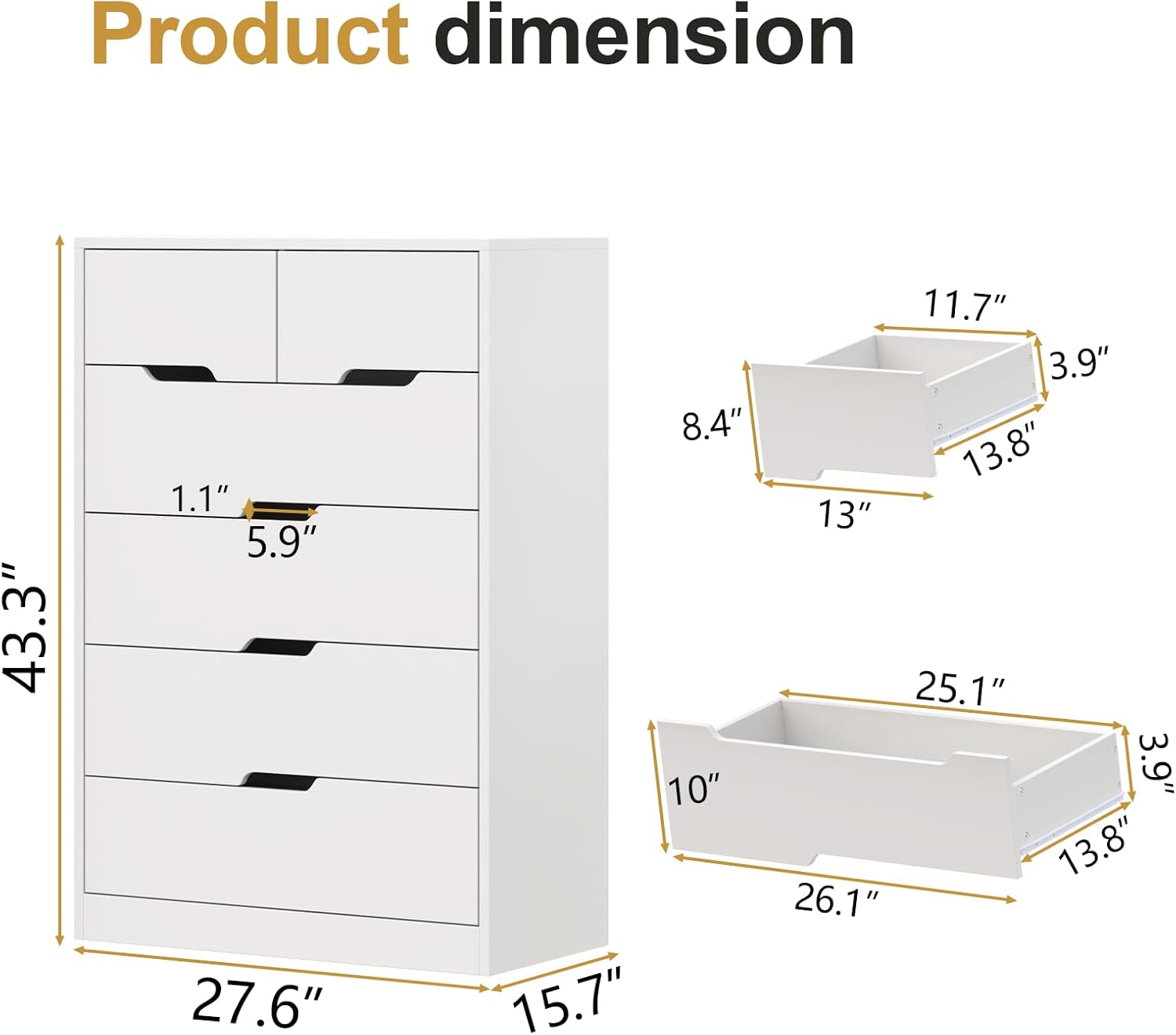 White 6 Drawer Dresser, Tall White Dresser for Bedroom, Modern Chest of Drawers for Living Room, Wooden Drawer Storage Cabinet, 5-Layer Large Capacity Clothing Organizer for Closet, Hallway