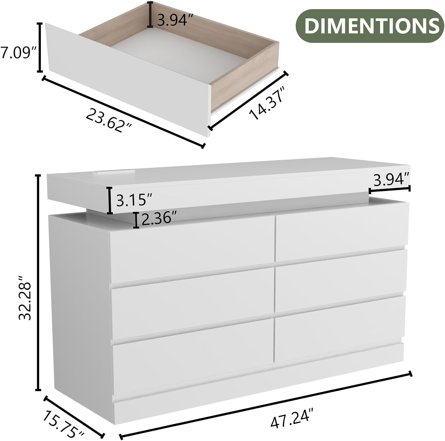 6 Drawer Dresser with Power Outlet, Dresser with LED Light, Modern Chest of Drawers for Closet, Double Wide Drawer Organizer Cabinet for Bedroom, Living Room (White, 6 Drawers)