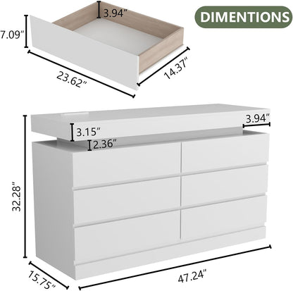 6 Drawer Dresser with Power Outlet, Dresser with LED Light, Modern Chest of Drawers for Closet, Double Wide Drawer Organizer Cabinet for Bedroom, Living Room (White, 6 Drawers)