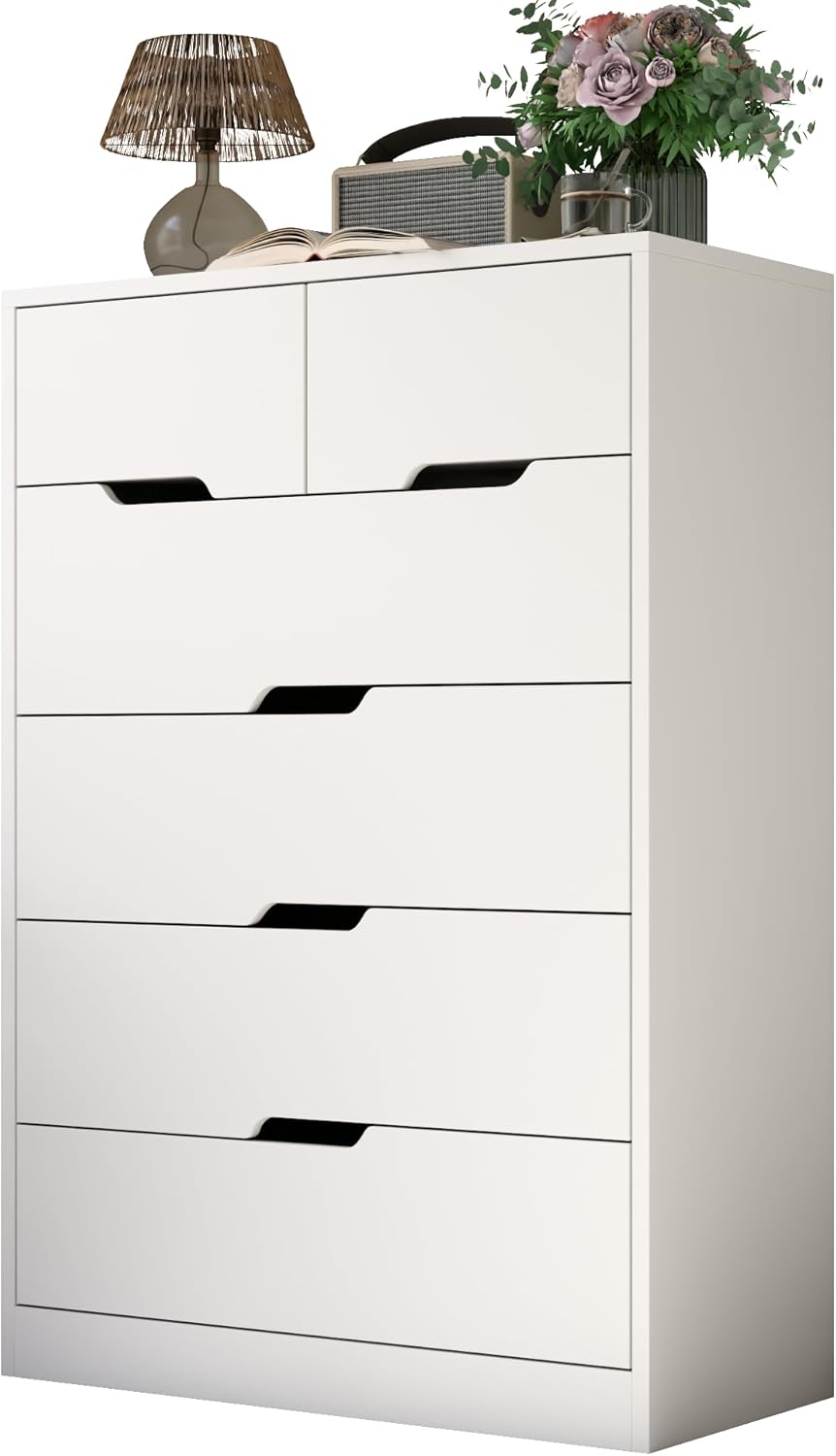 White 6 Drawer Dresser, Tall White Dresser for Bedroom, Modern Chest of Drawers for Living Room, Wooden Drawer Storage Cabinet, 5-Layer Large Capacity Clothing Organizer for Closet, Hallway