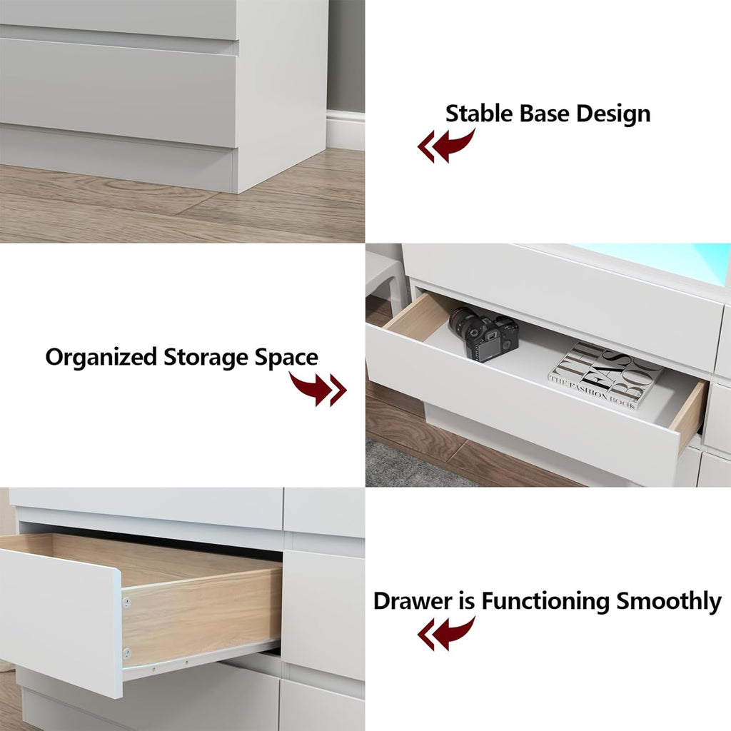 6 Drawer Double Dresser with Power Outlet, Accent Chests of Drawers with LED Light, Modern White Storage Dresser with Charging Station (Mirror Not Included)