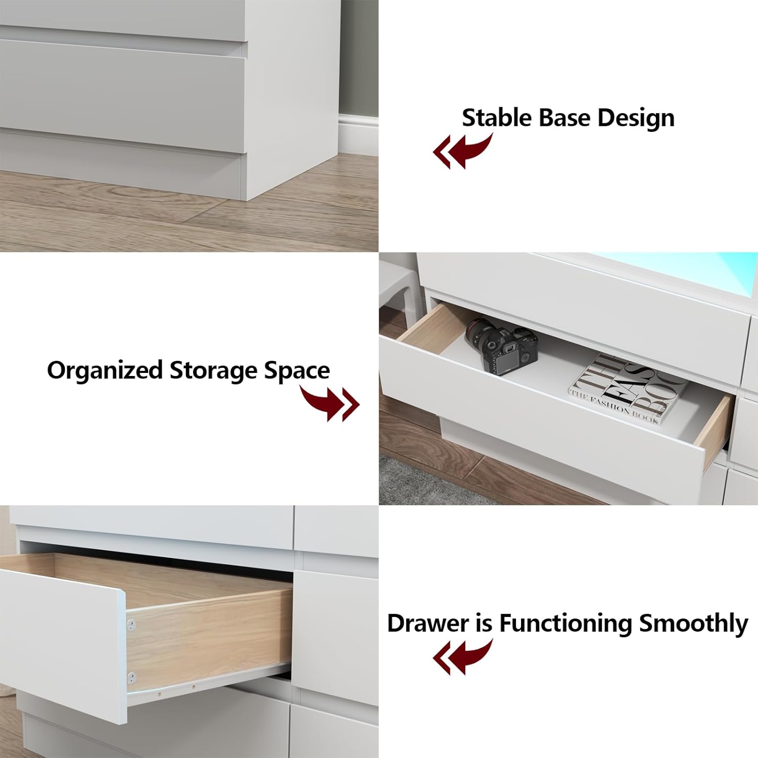 6 Drawer Double Dresser with Power Outlet, Accent Chests of Drawers with LED Light, Modern White Storage Dresser with Charging Station (Mirror Not Included)