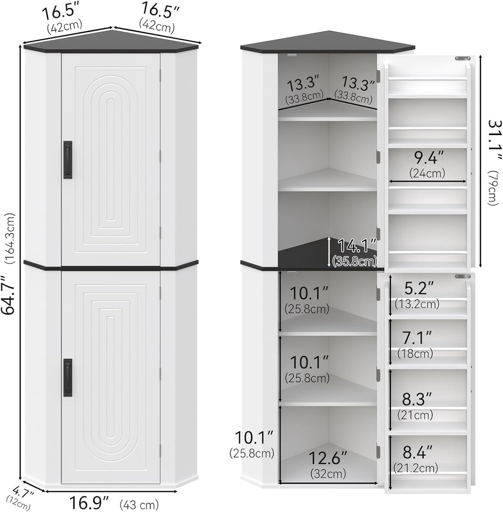 Corner Cabinet, Freestanding Kitchen Pantry Storage Cabinet, White Fluted