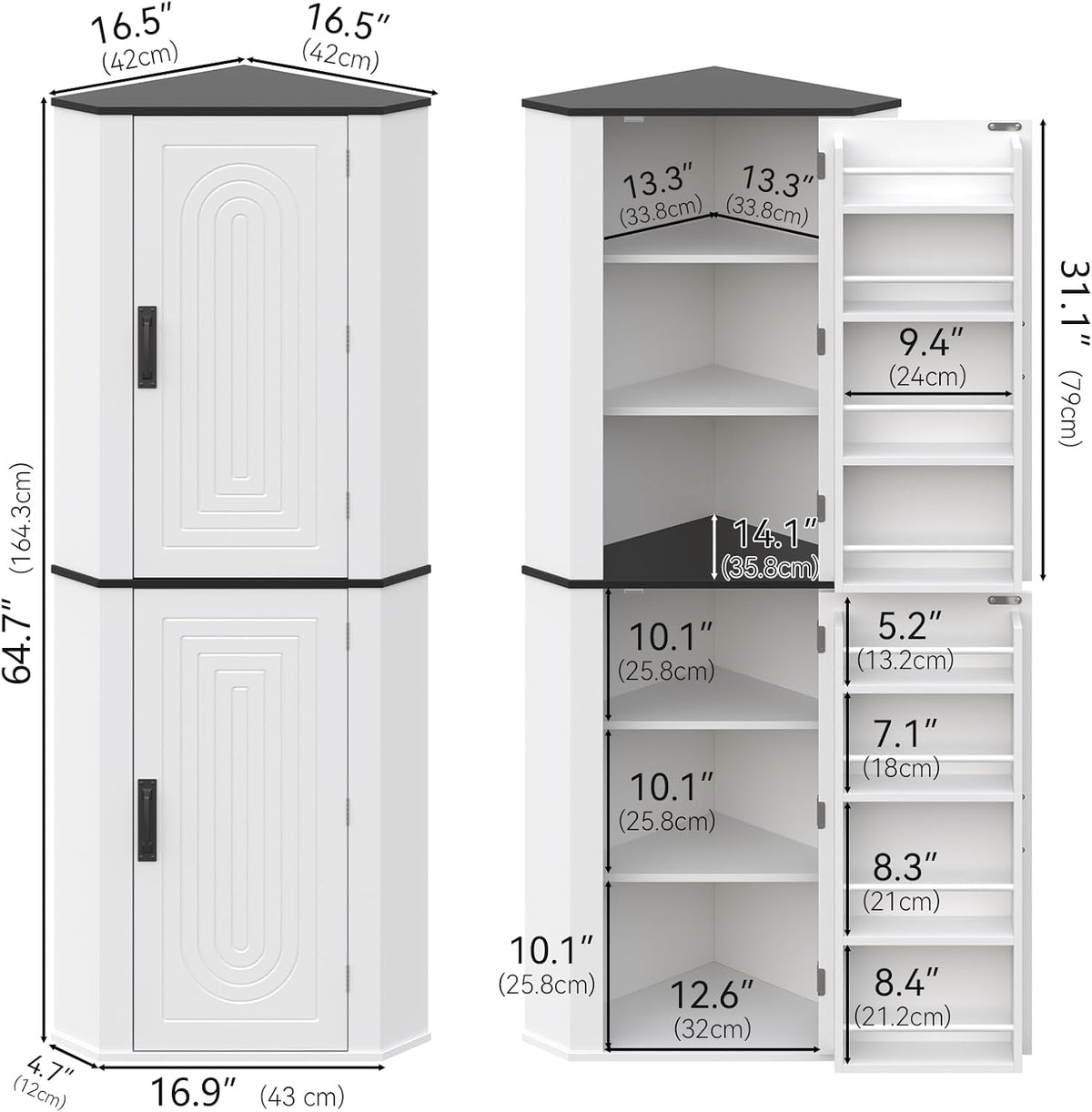 Corner Cabinet, Freestanding Kitchen Pantry Storage Cabinet, White Fluted