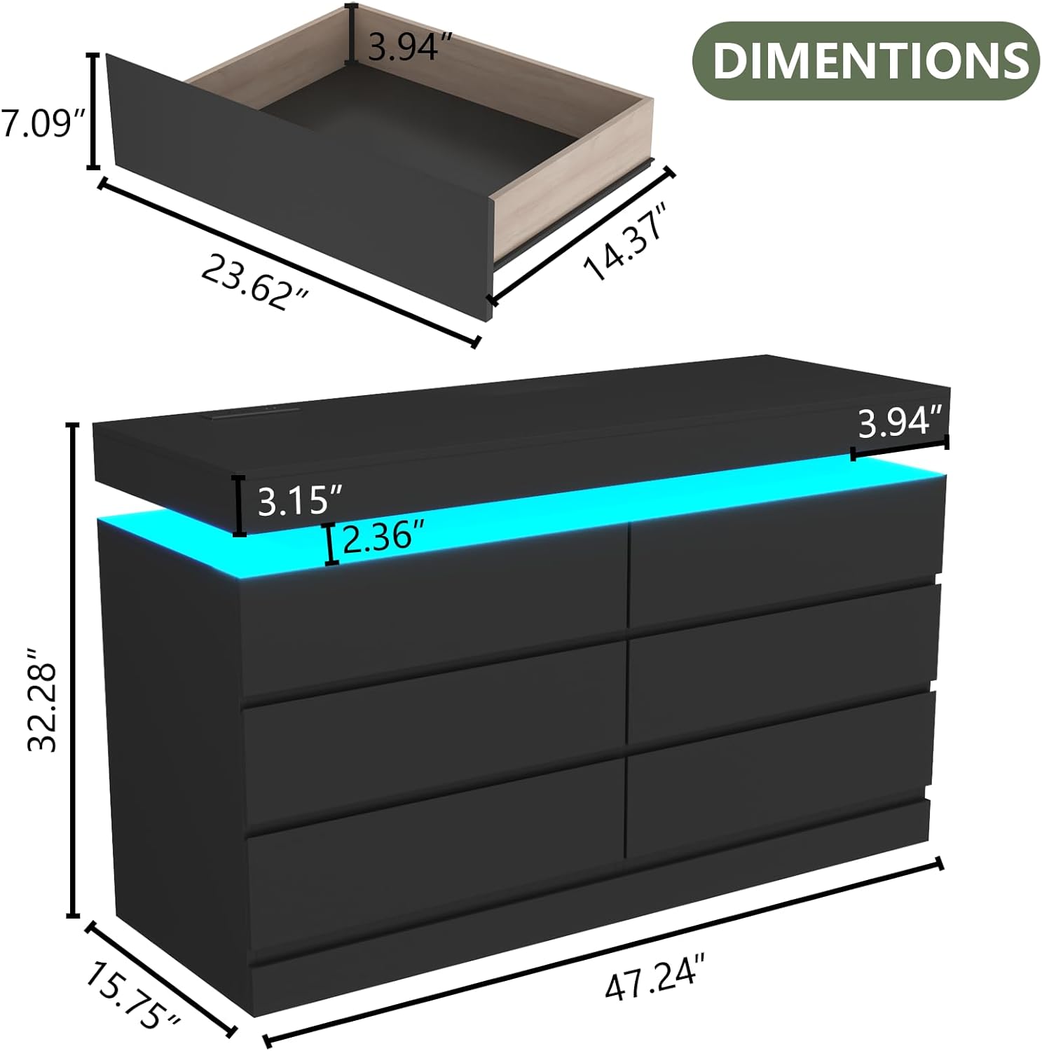 6 Drawer Dresser with Power Outlet, Dresser with LED Light, Modern Chest of Drawers for Closet, Double Wide Drawer Organizer Cabinet for Bedroom, Living Room (Black, 6 Drawers)