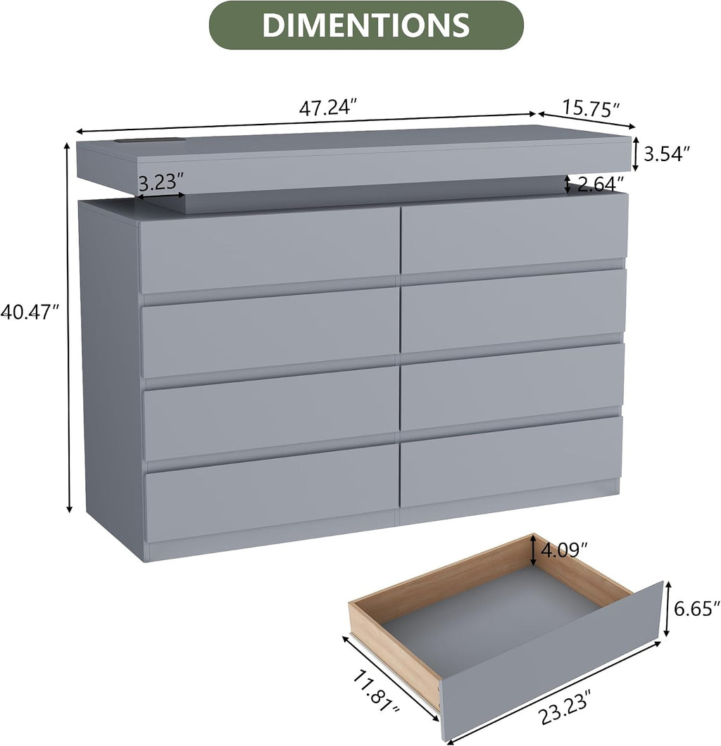 Gyfimoie 8 Drawer Dresser with Power Outlet, Modern Dresser with LED Light
