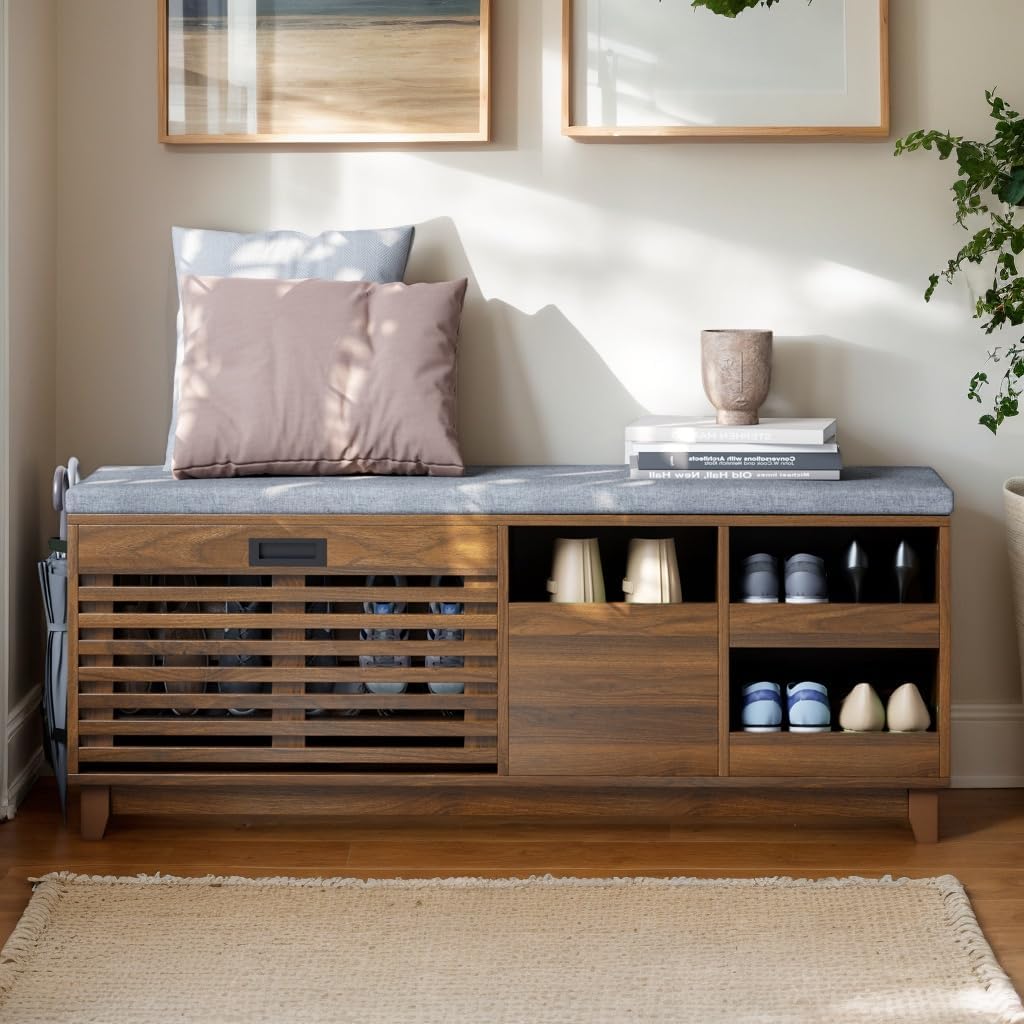 2-Tier Shoe Storage Bench,47" Entryway Bench with 2 Flip Drawers & Padded Seat Cushion, Walnut Shoe Bench with Adjustable Shelves & Sliding Doors,Storage Bench for Entryway,Hallway,Bedroom