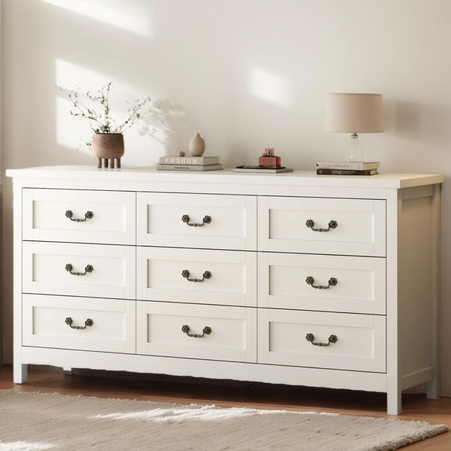 Farmhouse 9 Drawer Dresser for Bedroom, 63" Wide Long Chest of Drawers with Deep Drawers & Vintage Handle, Storage Dresser Organizer, TV Stand for Bedroom, Living Room (White)