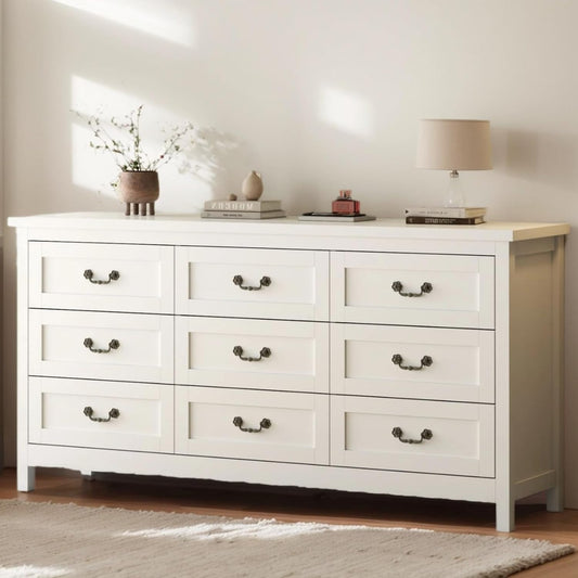 Farmhouse 9 Drawer Dresser for Bedroom, 63" Wide Long Chest of Drawers with Deep Drawers & Vintage Handle, Storage Dresser Organizer, TV Stand for Bedroom, Living Room (White)