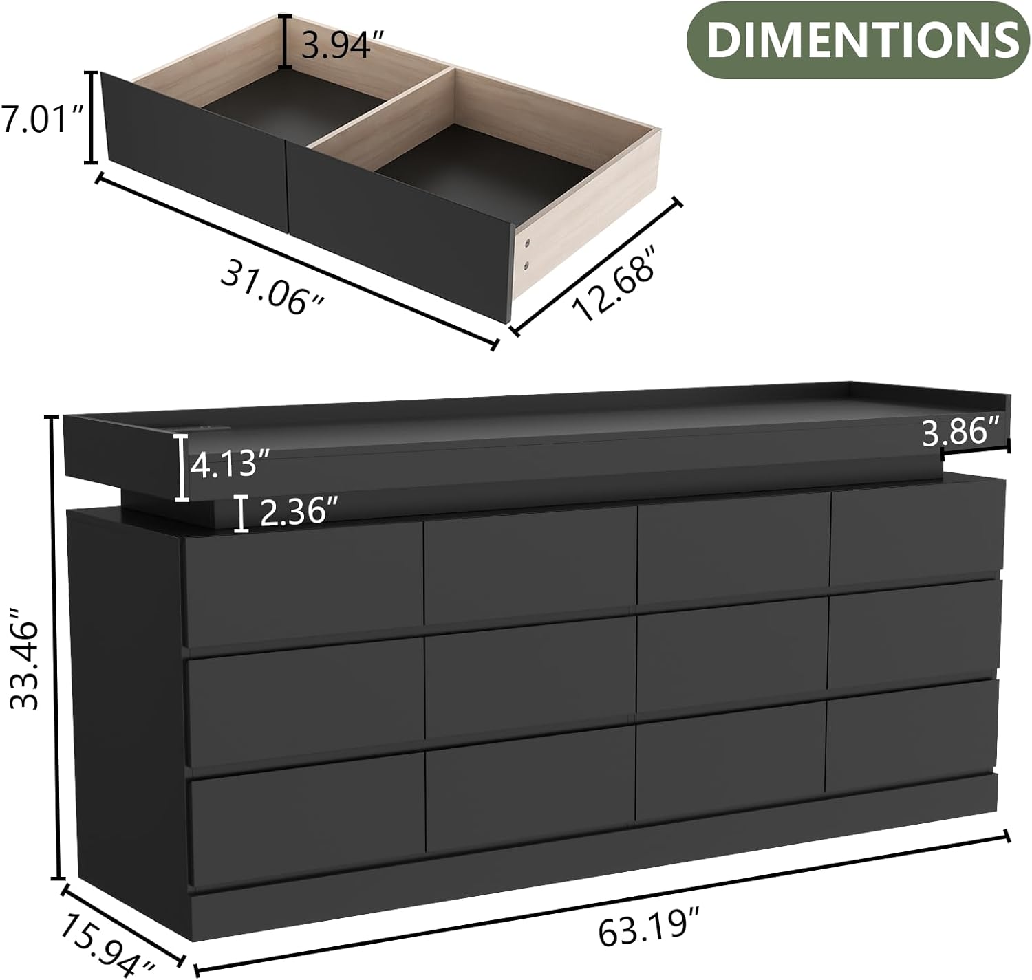12 Drawer Dresser with Power Outlet, Dresser with LED Light, Modern Chest of Drawers for Closet, Double Wide Drawer Organizer Cabinet for Bedroom, Living Room (Black, 12 Drawers)