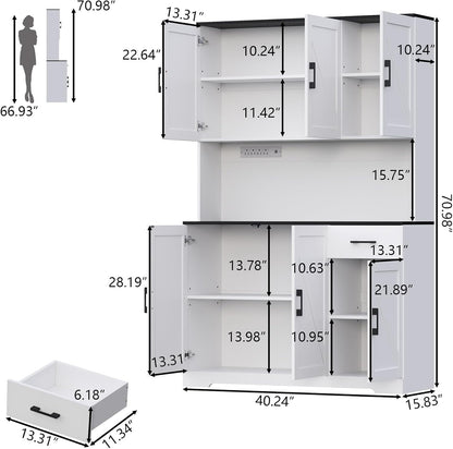 71’’ Farmhouse Kitchen Pantry Cabinet, Tall Storage Cabinet with Power Outlet, Freestanding Hutch with Drawer, 4 Adjustable Shelf & 6 Doors for Kitchen Living Room (White)