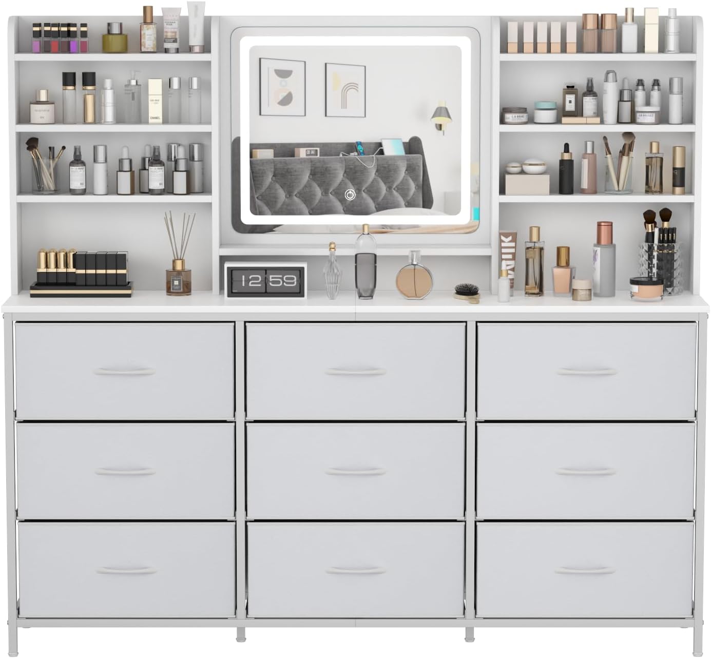 Dresser with Mirror for Bedroom, 59" W Chest of Drawers with LED Mirror, White Dresser with 9 Large Fabric Drawers, Modern Makeup Table Vanity Desk with 6 Storage Shelves, 3 Lighting Modes