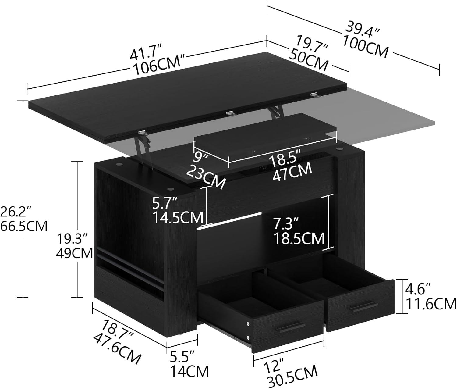 Lift Top Coffee Table, 4 in 1 Multi-Function Coffee Table with Storage Shelf and Hidden Compartment, Center Table with Large Drawers, Converts to Dining Table for Living Room, Home Office (Black)
