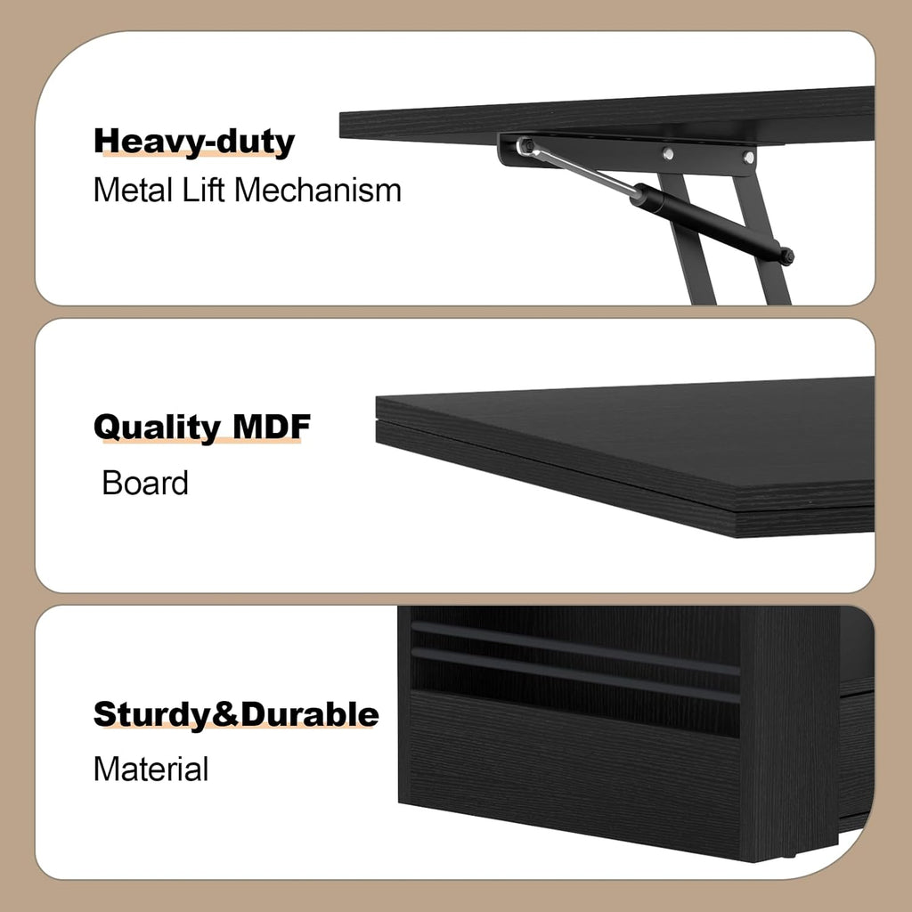 Lift Top Coffee Table, 4 in 1 Multi-Function Coffee Table with Storage Shelf and Hidden Compartment, Center Table with Large Drawers, Converts to Dining Table for Living Room, Home Office (Black)