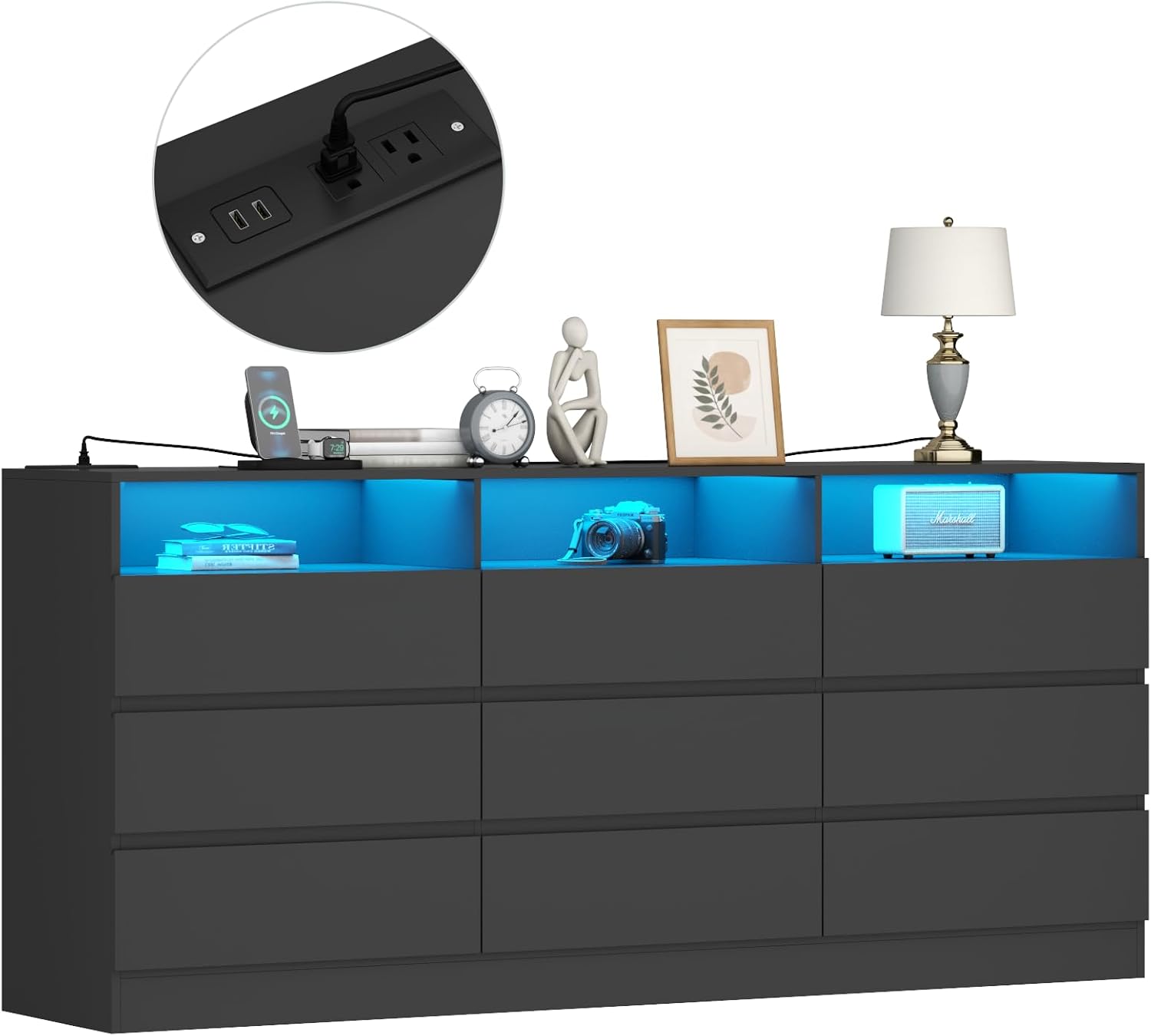 9 Drawers Dresser with Power Outlet, LED Large Dressers Chest with Handle Free Drawers, Modern Long Dressers Storage Cabinet for Closet Living Room (Black)