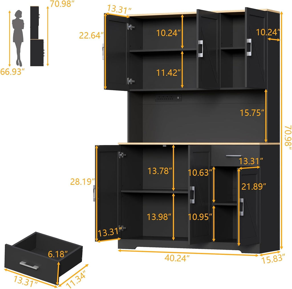 Gyfimoie 71’’ Farmhouse Kitchen Pantry Cabinet, Tall Storage Cabinet with Power Outlet, Freestanding Hutch with Drawer, 4 Adjustable Shelf & 6 Doors for Kitchen Living Room (Black)