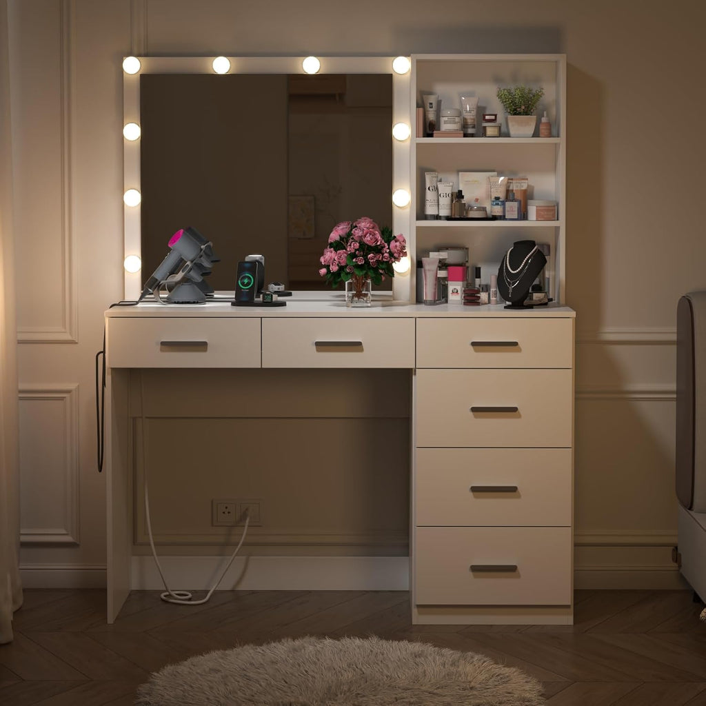 39 Inches White Vanity Desk with Lights, 6-Drawers Makeup Vanity Table with Power Strip and Storage Shelves, Dressing Table with Lighted Mirror for Women Girls
