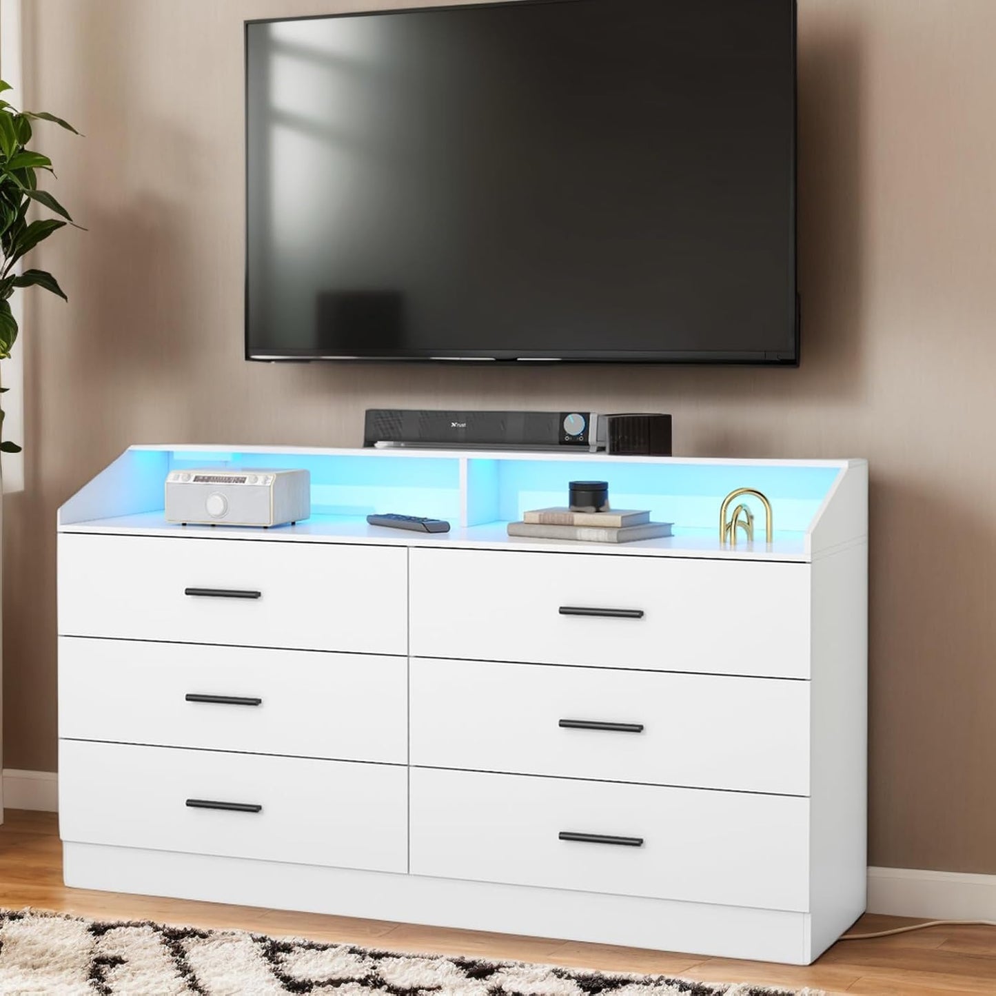White Dresser for Bedroom, 6 Drawer Dresser with Charging Station, Chests of Drawers with LED Lights, Modern Double Dresser, Storage Cabinet with Drawers for Living Room, Hallway