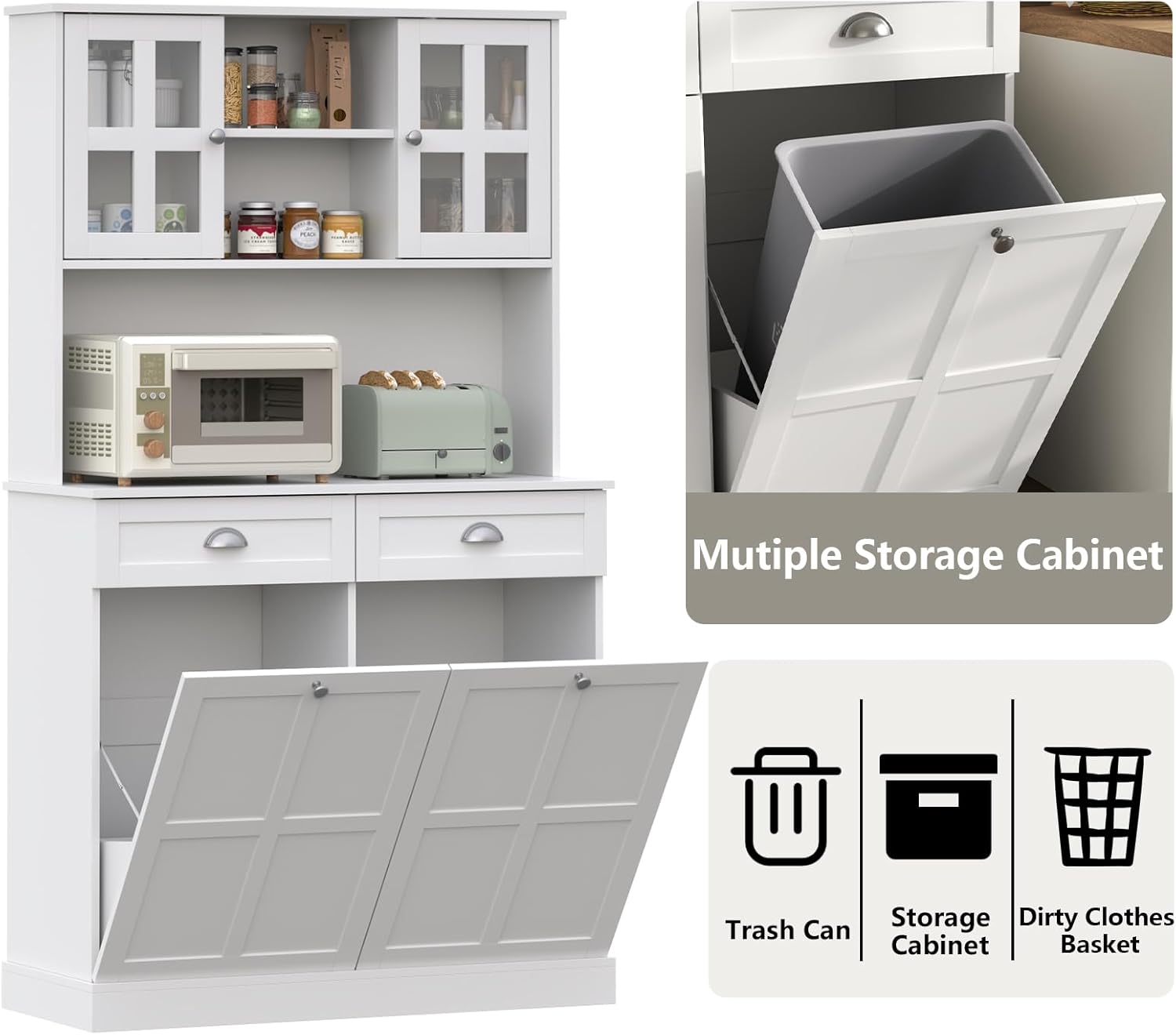 Kitchen Pantry Cabinet with Double Tilt Out Trash Cabinet, 68" Tall Storage Cabinets with 2 Drawers & Hutch, 20 Gallon Hidden Trash Can Cabinets, Kitchen Cupboard with Microwave Coffee Stand