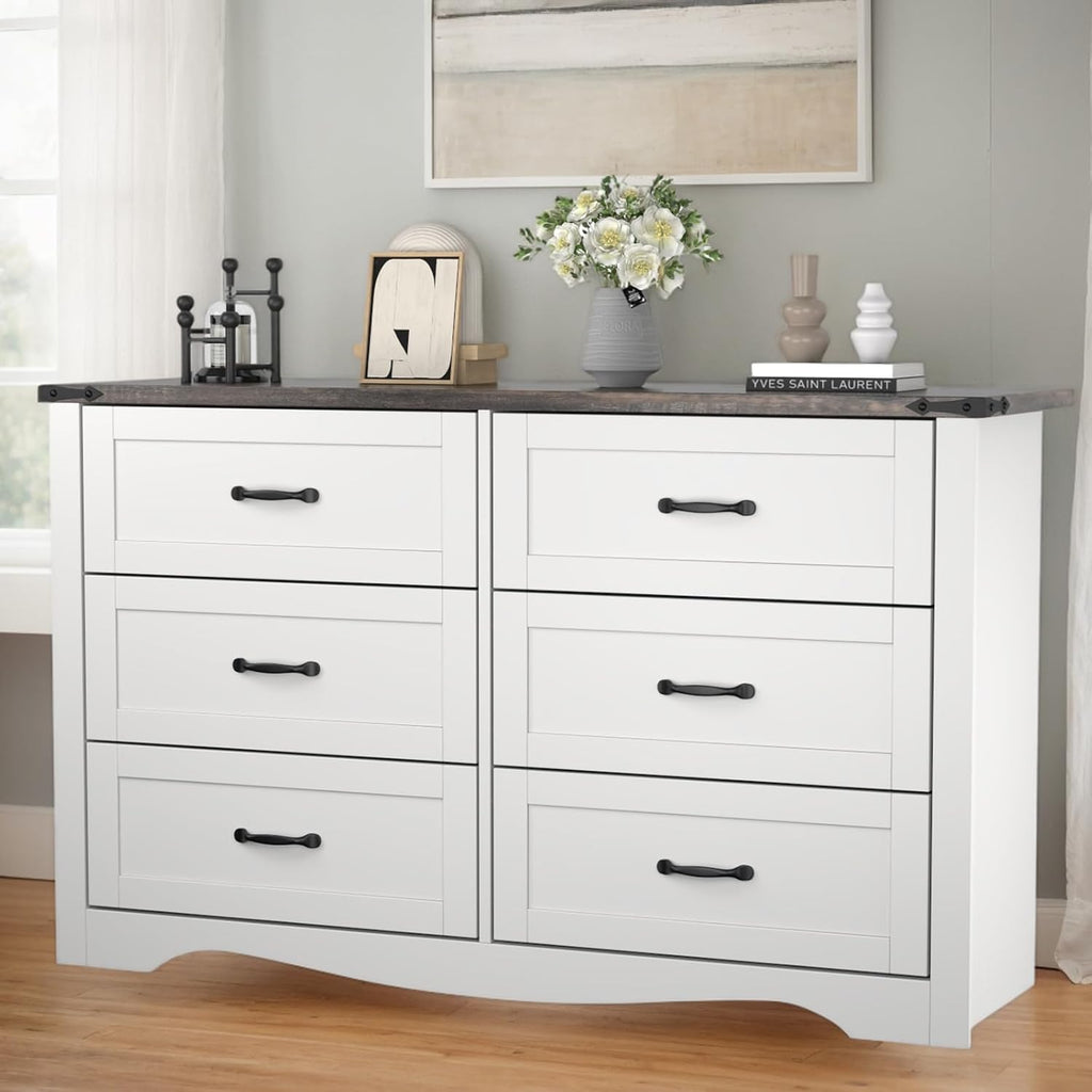 Farmhouse 6 Drawer Dresser for Bedroom, Wood Dresser Chest of Drawers, Wide Dressers Organizer with Metal Handles, Natural Texture Storage Cabinet for Closet, Living Room, Hallway (White)