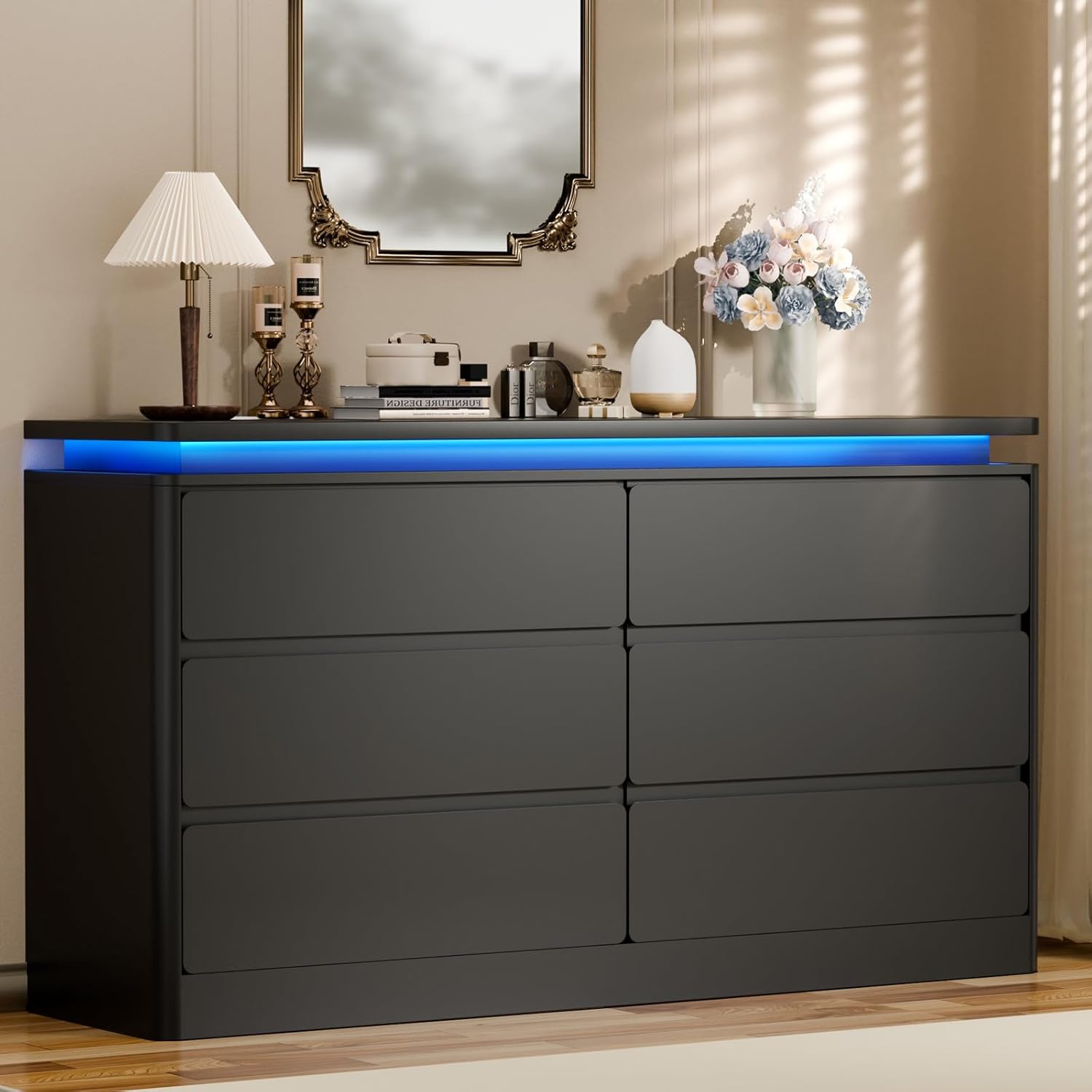 6 Drawer Black Dresser for Bedroom, 47.2" Long Chest of Drawers with Charging Station & LED Lights, Double Wooden Storage Cabinet for Closet,Modern Dresser TV Stand with Deep Drawers