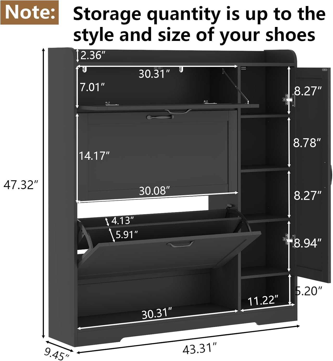 Shoe Cabinet with 2 Flip Drawers & 1 Drawer, Shoe Storage Cabinet with Sidecabinet for Entryway, Slim Freestanding Shoe Cabinet Organizer with Adjustable shelf, Narrow Hidden Shoe Rack, Black