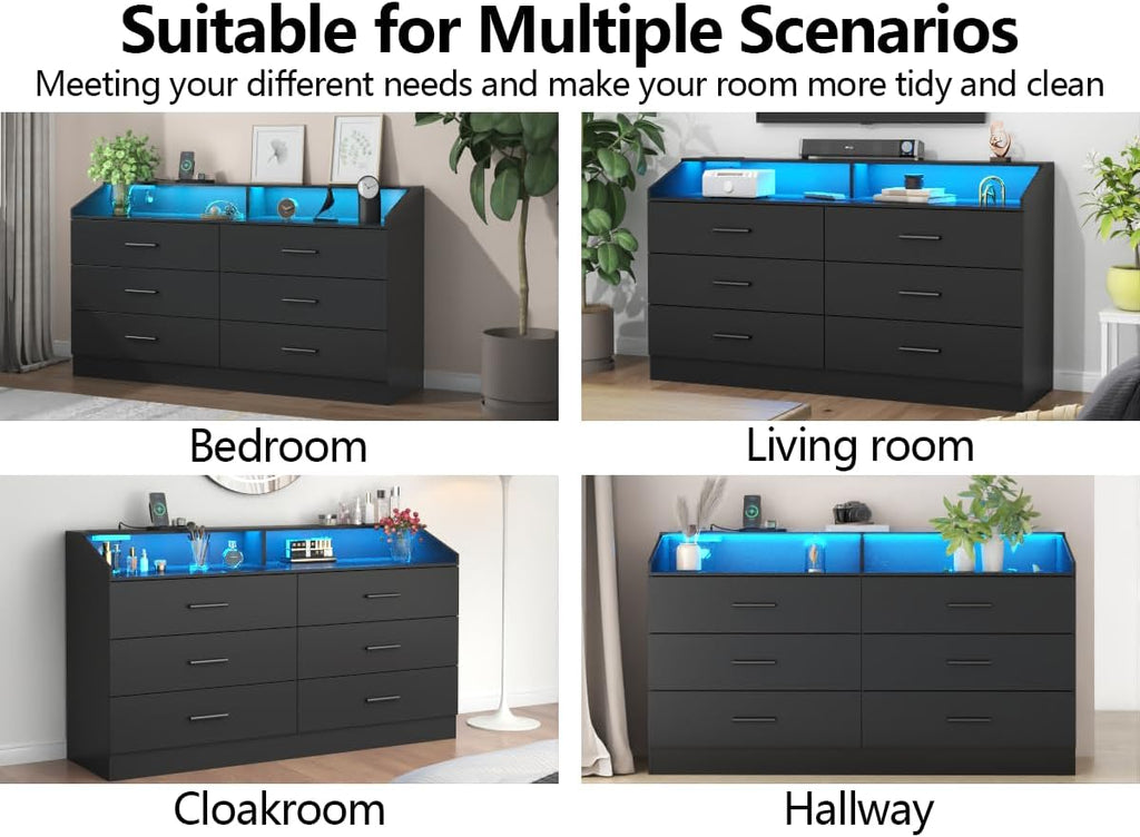 6 Drawer Dresser with Charging Station, Dresser for Bedroom with LED Light, Chest of Drawers for Closet, Modern Dressers with Open Storage Cubby, Double Wide Dressers for Living Room (Black)