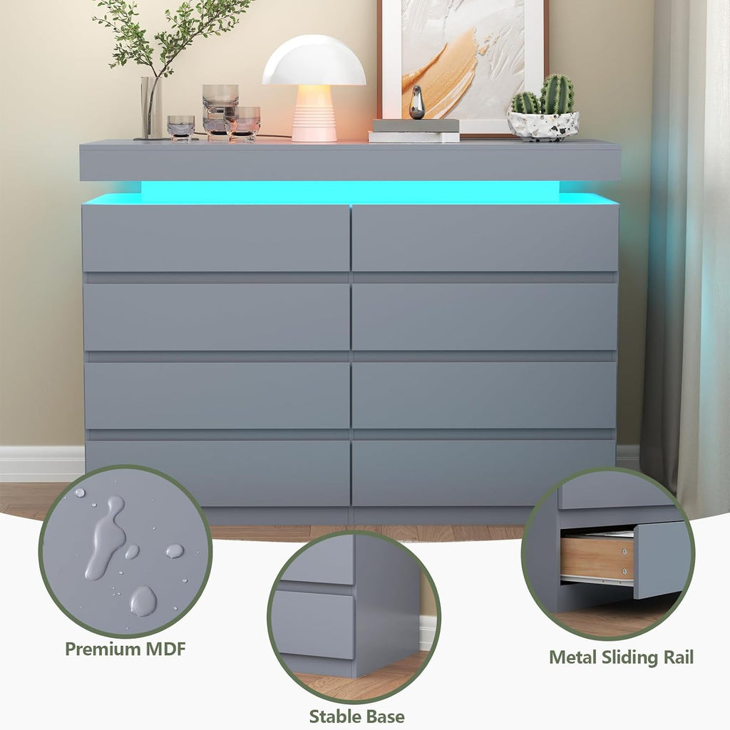 Gyfimoie 8 Drawer Dresser with Power Outlet, Modern Dresser with LED Light
