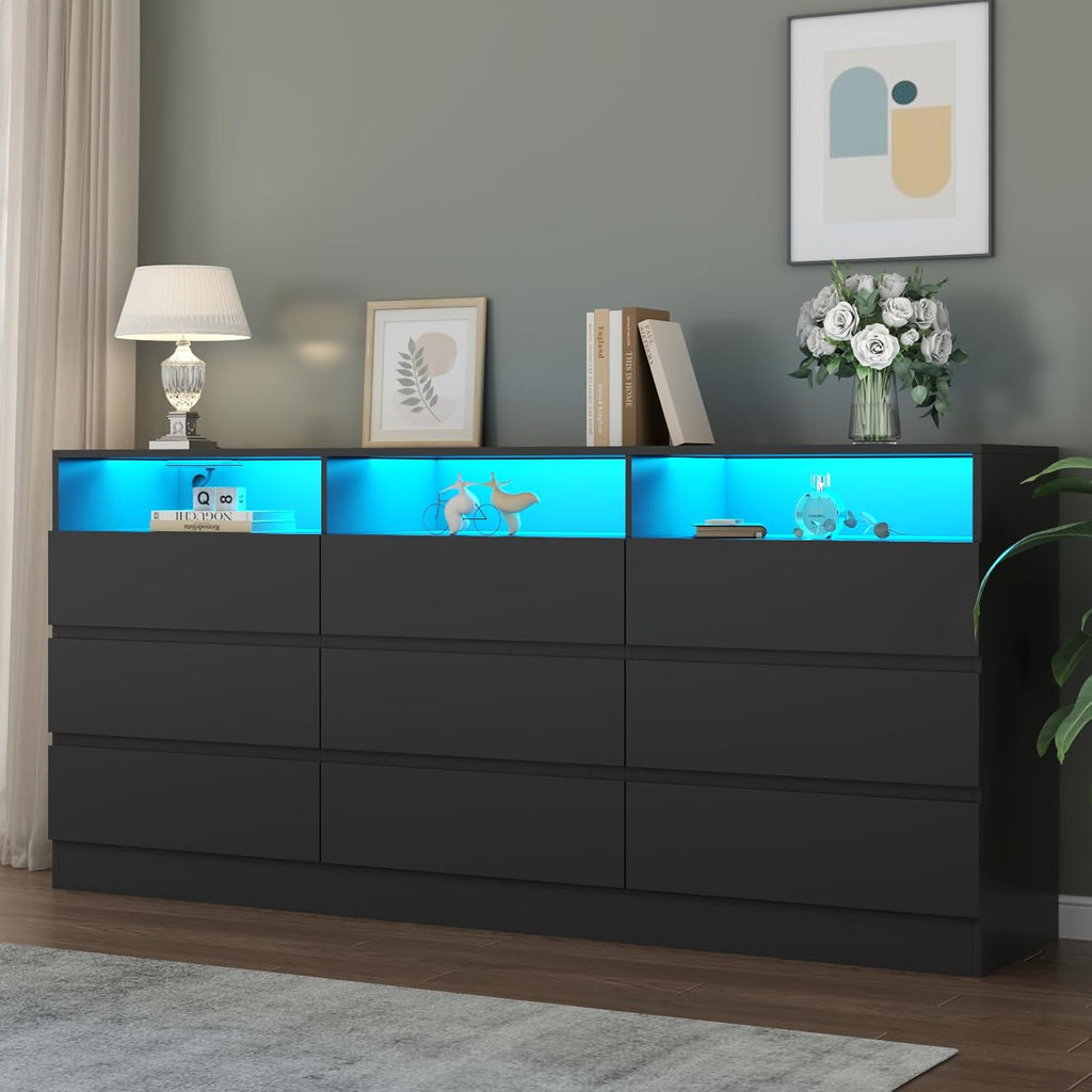 9 Drawers Dresser with Power Outlet, LED Large Dressers Chest with Handle Free Drawers, Modern Long Dressers Storage Cabinet for Closet Living Room (Black)
