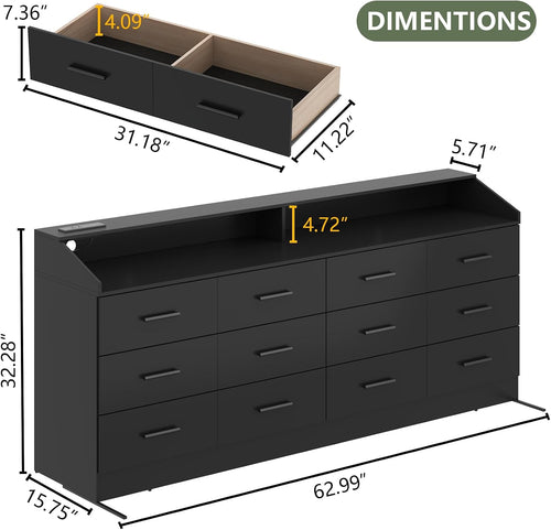 12 Drawer Dresser for Bedroom with Power Outlet,Modern Dresser w/ LED Light